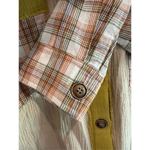 Size S Easel Beige Gauze Plaid Mix Button Up Top - Picture 7 of 10